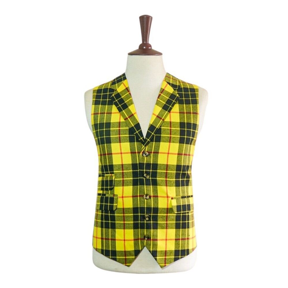 Mens 46R Wool Tartan Plaid Vest Yellow Black Red Waistcoat Formal Wedding Party